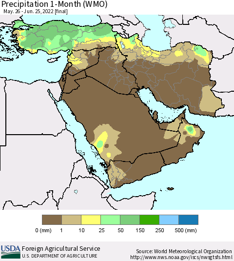 Middle East and Turkey Precipitation 1-Month (WMO) Thematic Map For 5/26/2022 - 6/25/2022