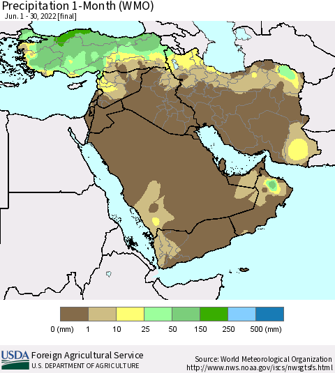 Middle East and Turkey Precipitation 1-Month (WMO) Thematic Map For 6/1/2022 - 6/30/2022