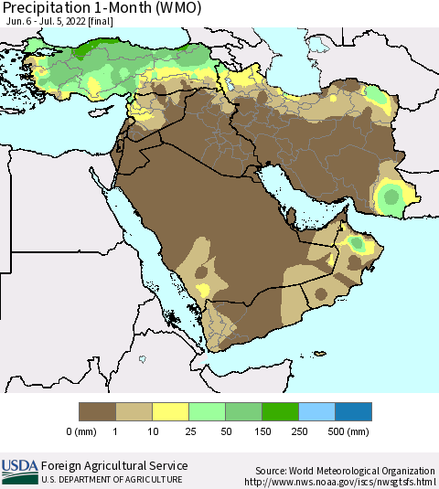 Middle East and Turkey Precipitation 1-Month (WMO) Thematic Map For 6/6/2022 - 7/5/2022
