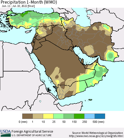 Middle East and Turkey Precipitation 1-Month (WMO) Thematic Map For 6/11/2022 - 7/10/2022
