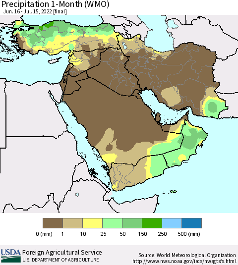 Middle East and Turkey Precipitation 1-Month (WMO) Thematic Map For 6/16/2022 - 7/15/2022