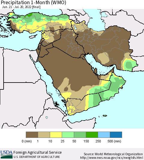 Middle East and Turkey Precipitation 1-Month (WMO) Thematic Map For 6/21/2022 - 7/20/2022