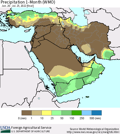 Middle East and Turkey Precipitation 1-Month (WMO) Thematic Map For 6/26/2022 - 7/25/2022