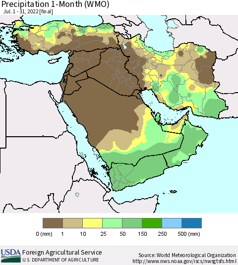 Middle East and Turkey Precipitation 1-Month (WMO) Thematic Map For 7/1/2022 - 7/31/2022