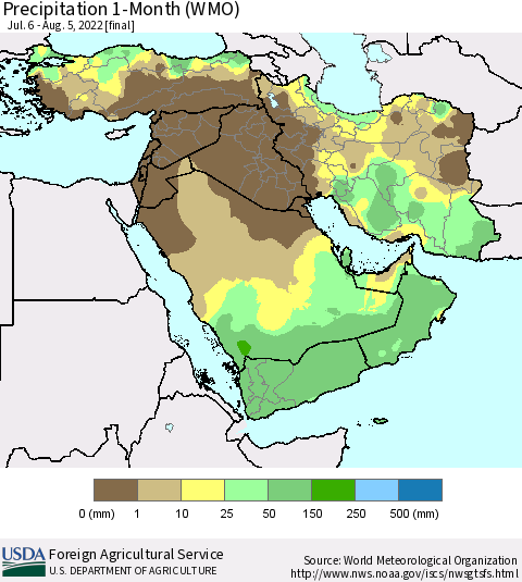Middle East and Turkey Precipitation 1-Month (WMO) Thematic Map For 7/6/2022 - 8/5/2022