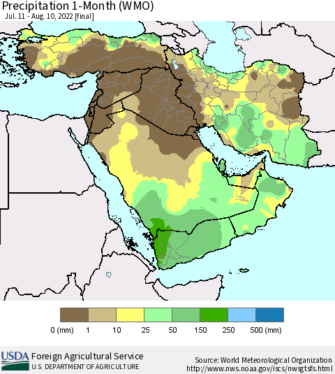 Middle East and Turkey Precipitation 1-Month (WMO) Thematic Map For 7/11/2022 - 8/10/2022