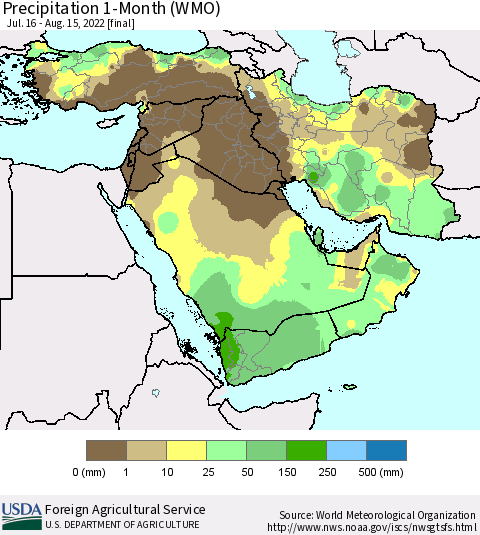 Middle East and Turkey Precipitation 1-Month (WMO) Thematic Map For 7/16/2022 - 8/15/2022