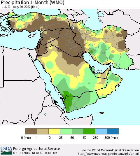 Middle East and Turkey Precipitation 1-Month (WMO) Thematic Map For 7/21/2022 - 8/20/2022
