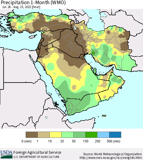 Middle East and Turkey Precipitation 1-Month (WMO) Thematic Map For 7/26/2022 - 8/25/2022