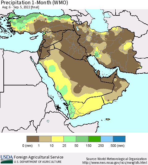 Middle East and Turkey Precipitation 1-Month (WMO) Thematic Map For 8/6/2022 - 9/5/2022
