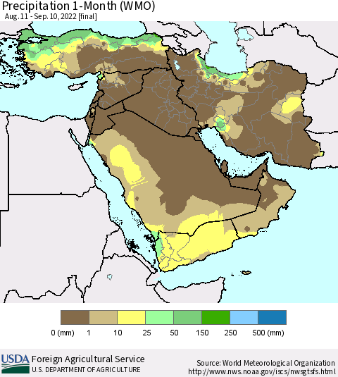 Middle East and Turkey Precipitation 1-Month (WMO) Thematic Map For 8/11/2022 - 9/10/2022