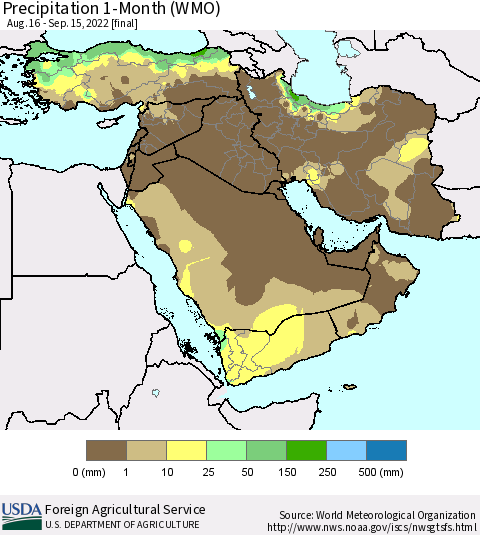 Middle East and Turkey Precipitation 1-Month (WMO) Thematic Map For 8/16/2022 - 9/15/2022