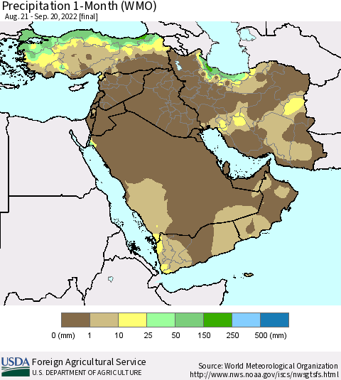 Middle East and Turkey Precipitation 1-Month (WMO) Thematic Map For 8/21/2022 - 9/20/2022