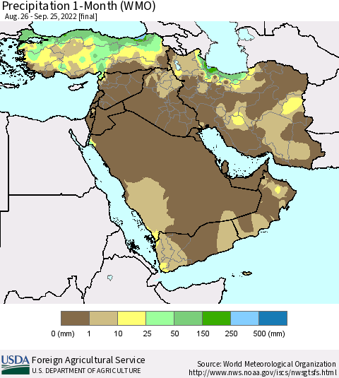 Middle East and Turkey Precipitation 1-Month (WMO) Thematic Map For 8/26/2022 - 9/25/2022