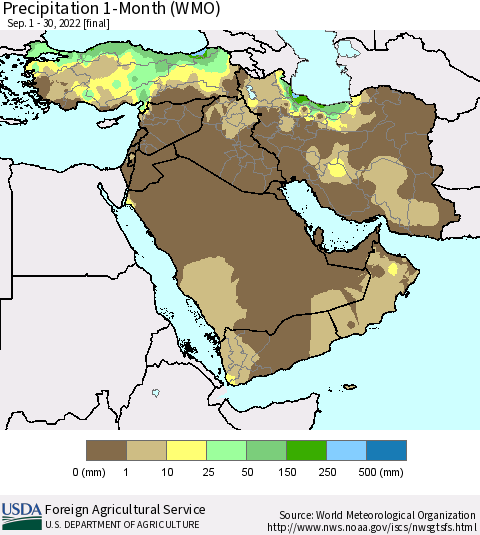 Middle East and Turkey Precipitation 1-Month (WMO) Thematic Map For 9/1/2022 - 9/30/2022