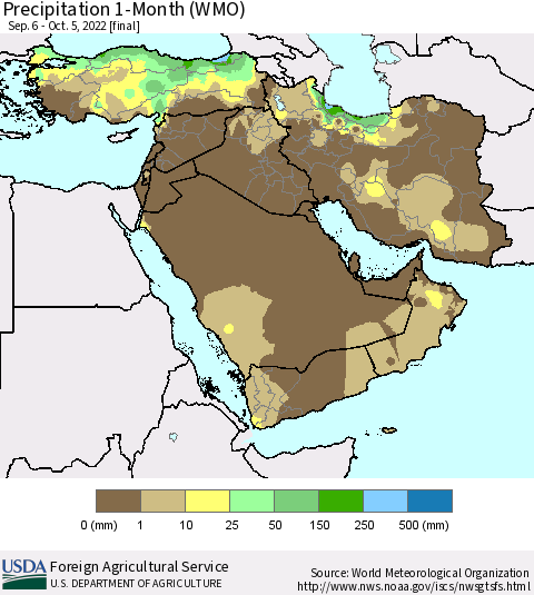 Middle East and Turkey Precipitation 1-Month (WMO) Thematic Map For 9/6/2022 - 10/5/2022