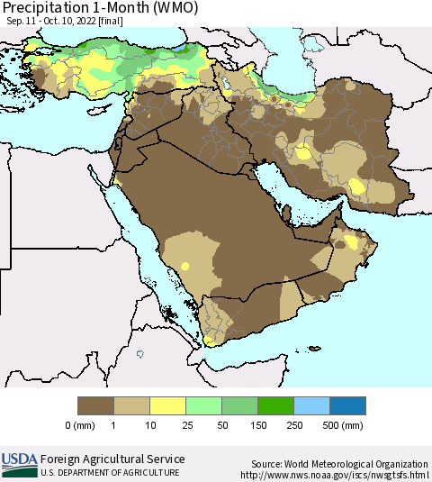 Middle East and Turkey Precipitation 1-Month (WMO) Thematic Map For 9/11/2022 - 10/10/2022
