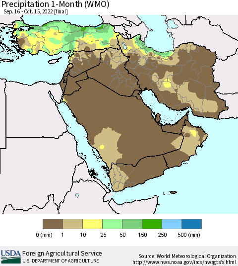 Middle East and Turkey Precipitation 1-Month (WMO) Thematic Map For 9/16/2022 - 10/15/2022