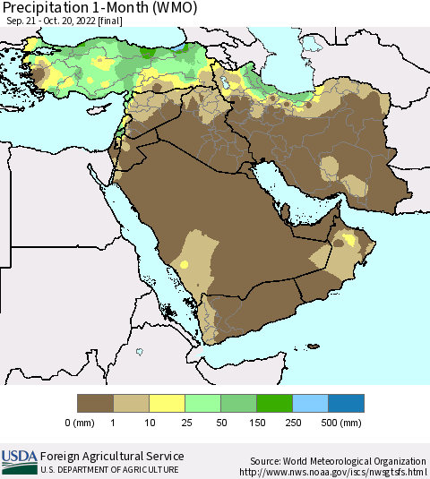 Middle East and Turkey Precipitation 1-Month (WMO) Thematic Map For 9/21/2022 - 10/20/2022