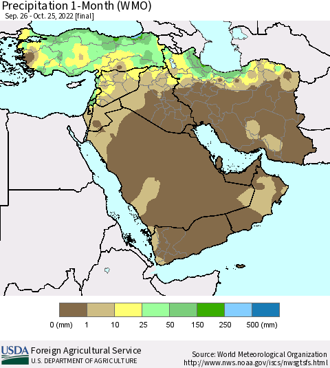 Middle East and Turkey Precipitation 1-Month (WMO) Thematic Map For 9/26/2022 - 10/25/2022