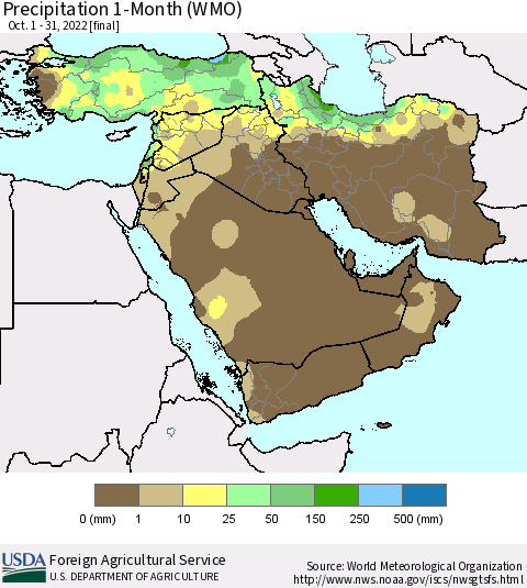 Middle East and Turkey Precipitation 1-Month (WMO) Thematic Map For 10/1/2022 - 10/31/2022