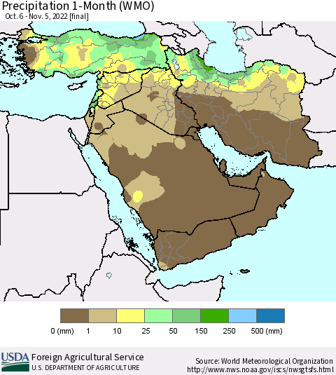 Middle East and Turkey Precipitation 1-Month (WMO) Thematic Map For 10/6/2022 - 11/5/2022
