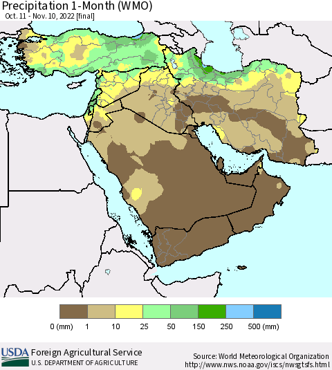 Middle East and Turkey Precipitation 1-Month (WMO) Thematic Map For 10/11/2022 - 11/10/2022