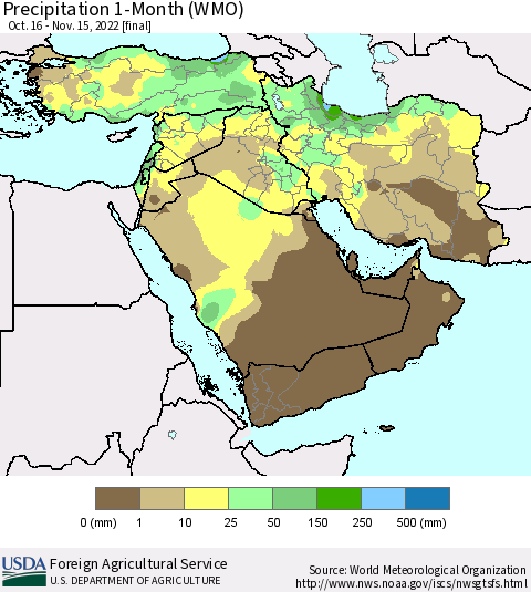Middle East and Turkey Precipitation 1-Month (WMO) Thematic Map For 10/16/2022 - 11/15/2022