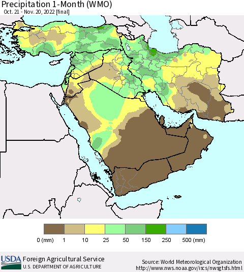 Middle East and Turkey Precipitation 1-Month (WMO) Thematic Map For 10/21/2022 - 11/20/2022