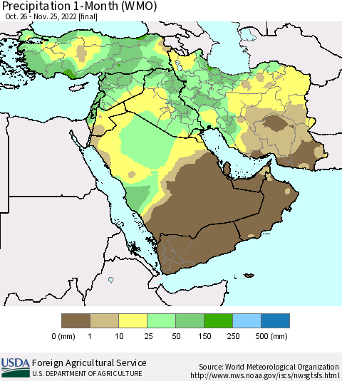 Middle East and Turkey Precipitation 1-Month (WMO) Thematic Map For 10/26/2022 - 11/25/2022