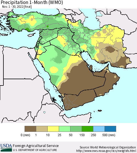 Middle East and Turkey Precipitation 1-Month (WMO) Thematic Map For 11/1/2022 - 11/30/2022
