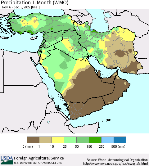 Middle East and Turkey Precipitation 1-Month (WMO) Thematic Map For 11/6/2022 - 12/5/2022