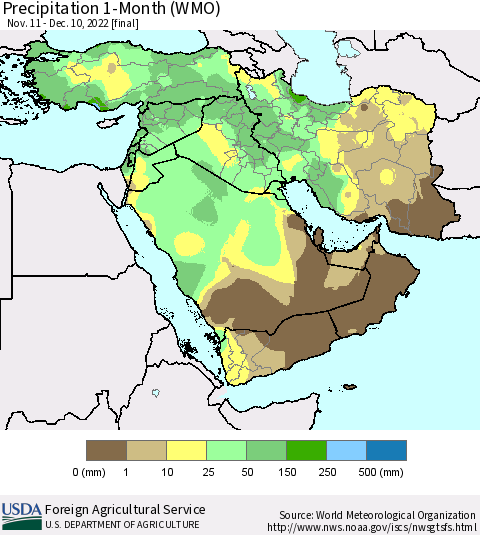 Middle East and Turkey Precipitation 1-Month (WMO) Thematic Map For 11/11/2022 - 12/10/2022