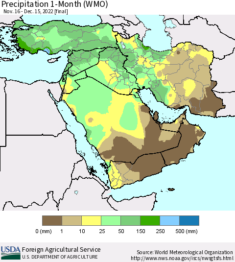Middle East and Turkey Precipitation 1-Month (WMO) Thematic Map For 11/16/2022 - 12/15/2022