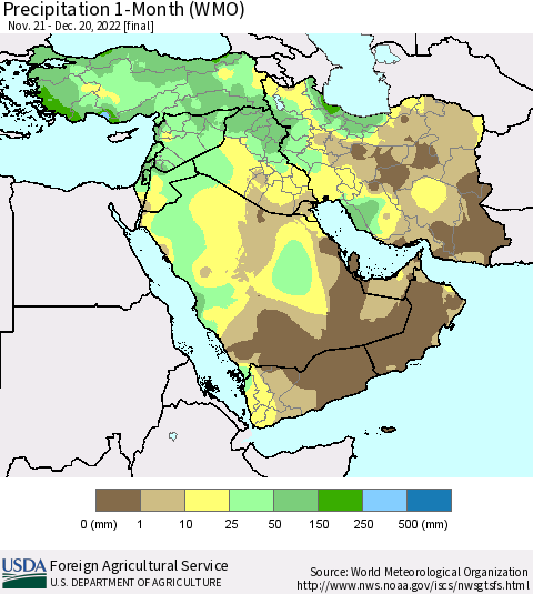 Middle East and Turkey Precipitation 1-Month (WMO) Thematic Map For 11/21/2022 - 12/20/2022