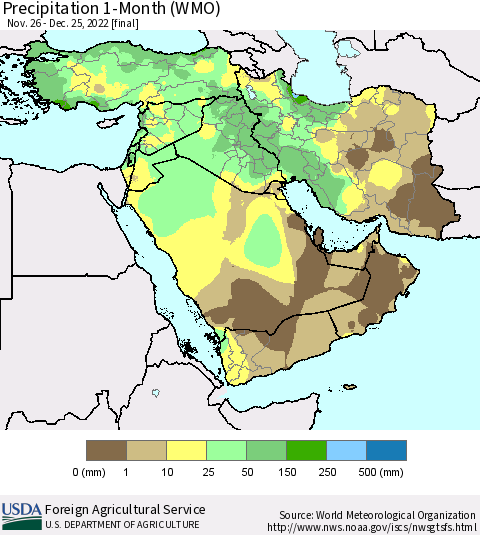 Middle East and Turkey Precipitation 1-Month (WMO) Thematic Map For 11/26/2022 - 12/25/2022