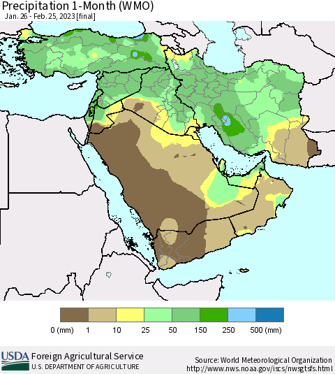Middle East and Turkey Precipitation 1-Month (WMO) Thematic Map For 1/26/2023 - 2/25/2023