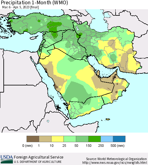 Middle East and Turkey Precipitation 1-Month (WMO) Thematic Map For 3/6/2023 - 4/5/2023