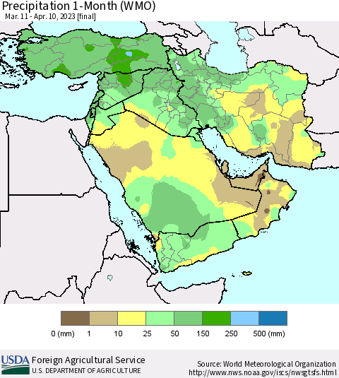 Middle East and Turkey Precipitation 1-Month (WMO) Thematic Map For 3/11/2023 - 4/10/2023