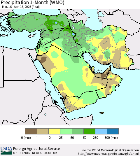 Middle East and Turkey Precipitation 1-Month (WMO) Thematic Map For 3/16/2023 - 4/15/2023