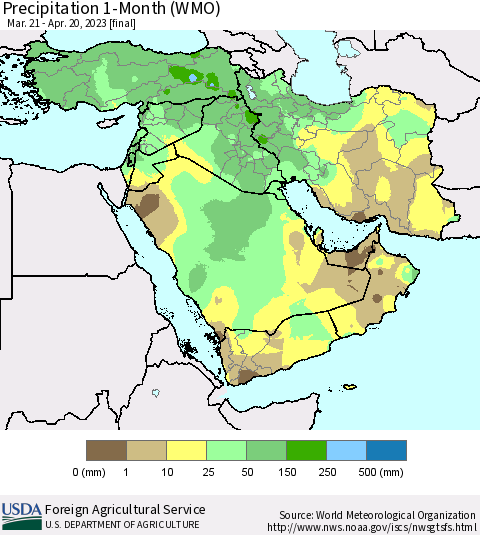 Middle East and Turkey Precipitation 1-Month (WMO) Thematic Map For 3/21/2023 - 4/20/2023
