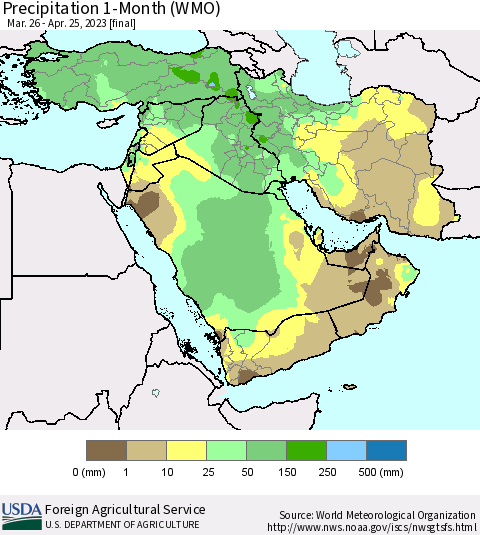 Middle East and Turkey Precipitation 1-Month (WMO) Thematic Map For 3/26/2023 - 4/25/2023