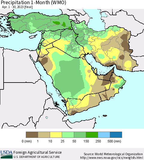 Middle East and Turkey Precipitation 1-Month (WMO) Thematic Map For 4/1/2023 - 4/30/2023