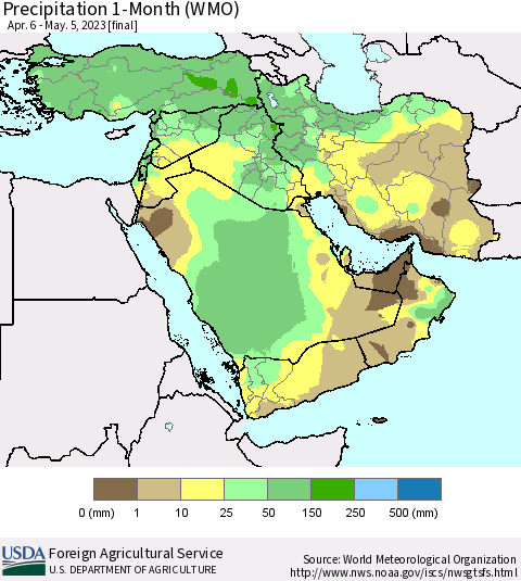 Middle East and Turkey Precipitation 1-Month (WMO) Thematic Map For 4/6/2023 - 5/5/2023