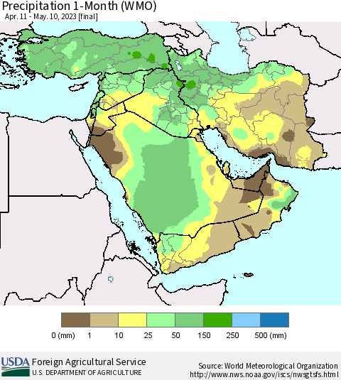 Middle East and Turkey Precipitation 1-Month (WMO) Thematic Map For 4/11/2023 - 5/10/2023