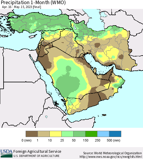 Middle East and Turkey Precipitation 1-Month (WMO) Thematic Map For 4/16/2023 - 5/15/2023
