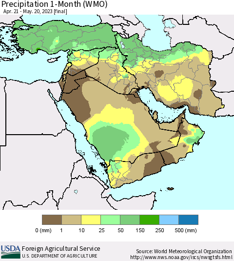 Middle East and Turkey Precipitation 1-Month (WMO) Thematic Map For 4/21/2023 - 5/20/2023