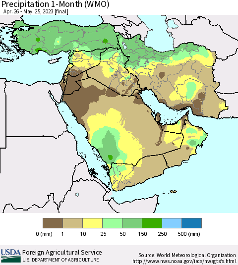 Middle East and Turkey Precipitation 1-Month (WMO) Thematic Map For 4/26/2023 - 5/25/2023