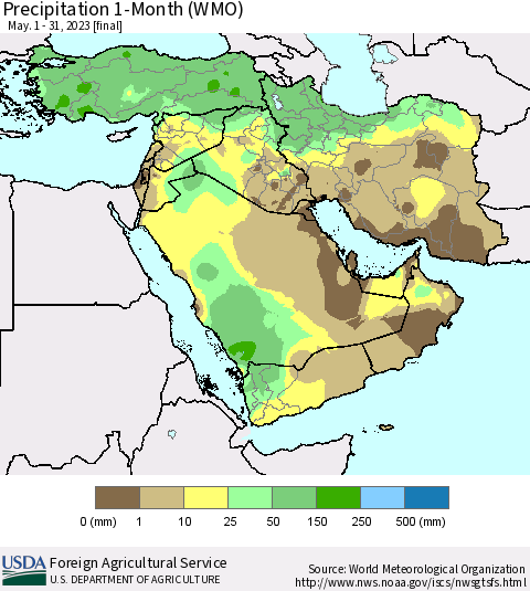 Middle East and Turkey Precipitation 1-Month (WMO) Thematic Map For 5/1/2023 - 5/31/2023