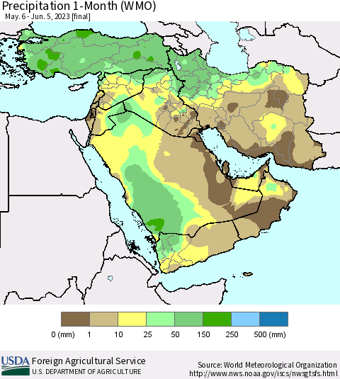Middle East and Turkey Precipitation 1-Month (WMO) Thematic Map For 5/6/2023 - 6/5/2023